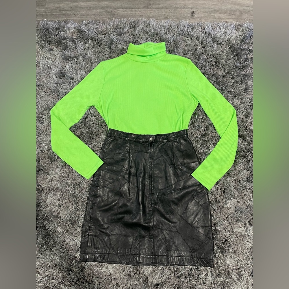 Vintage Black Leather Patchwork skirt & Neon Green Turtle Neck